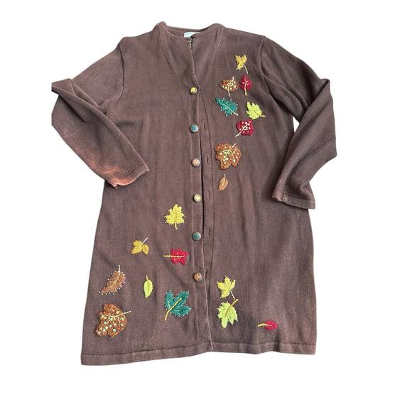 Storybook Knits Brown Embroidered Long Sleeves Button Up Cardigan Sweater Size L - Picture 1 of 9